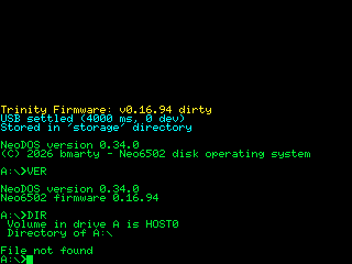 Black screen with NeoDOS's green text: firmware banner, version, then the A:\> prompt