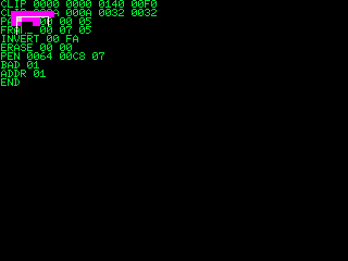 Green log of QuickDraw drawing operations and a small magenta object at the top left