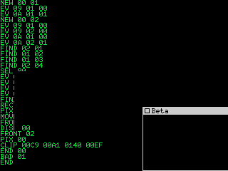 A window titled Beta in a corner of the screen, and the window manager's call log in green